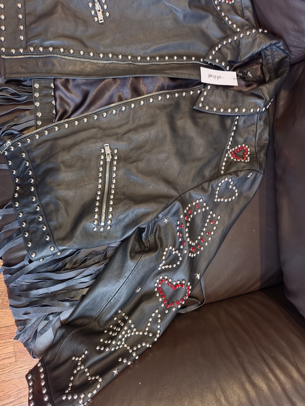 Nasty Gal Black Leather Fringe Jacket with Red Heart Studs - Picture 8 of 9